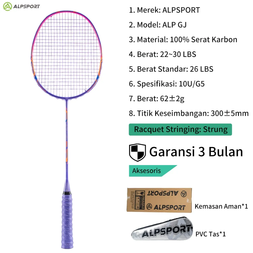ALPSPORT GJ Max 35LBS 10U 52G Raket Bulutangkis Ungu/Hitam/Merah Senar Grip Terpasang Premium Serat Karbon Penuh Strung T1000 Kelas Turnamen Reket Serangan Ringan Profesional Super Tangguh Racket Impor Dewasa Dirangkai Pria Wanita Rsl Yonex ALP