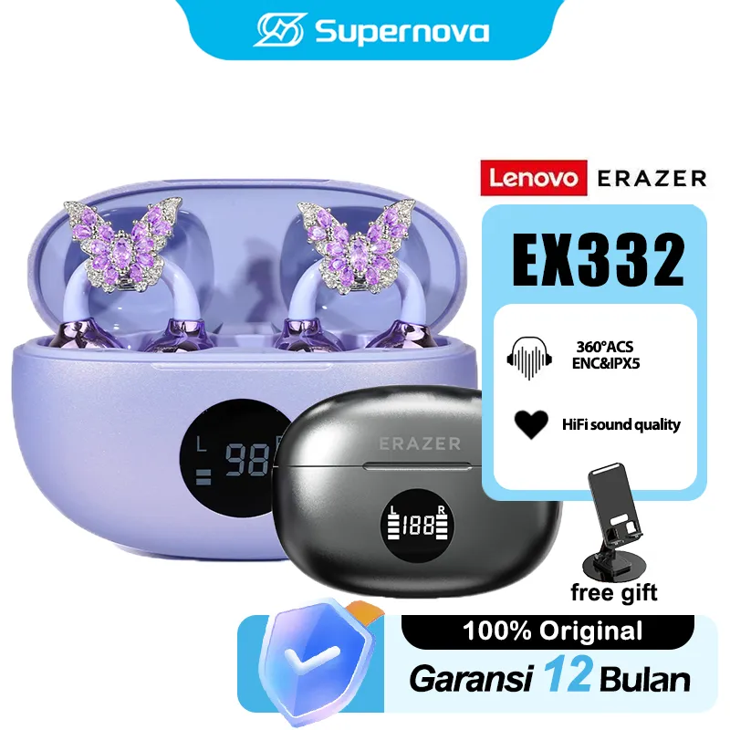 Lenovo ERAZER EX332 ENC Bone Conduction Earbuds Open Ear Sport Headphones IPX5 Waterproof Ear Clip Headset