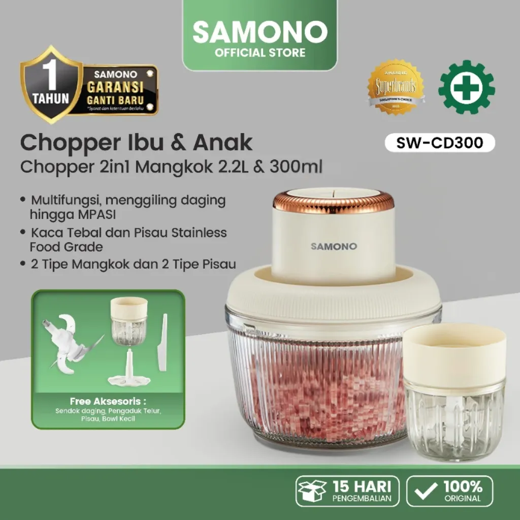SAMONO Chopper 2in1 Ibu & Anak 2.2L dan 300ml Multifungsi chopper samono coper daging dan bumbu coper bumbu serbaguna samono official store coper blender serbaguna multifungsi SW-CD300