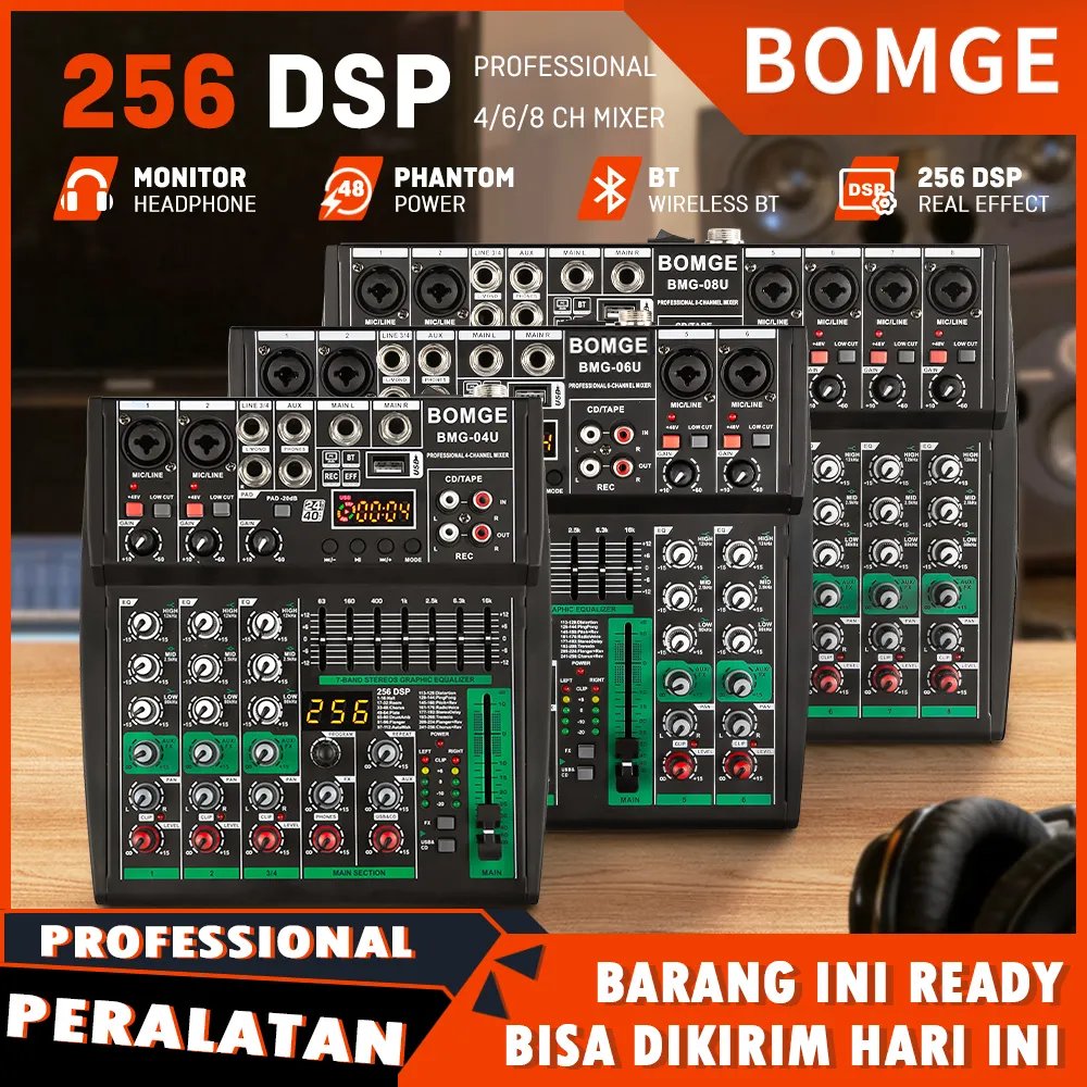 BOMGE U Seri Mixer Audio 4/6/8Channel Profesional Dapat dihubungkan ke catu daya mobil 15v Adapter 256 DSP USB Mini Audio Interface Untuk Merekam Mixer 48V Phantom Power Supply Product image COD Ready Stock