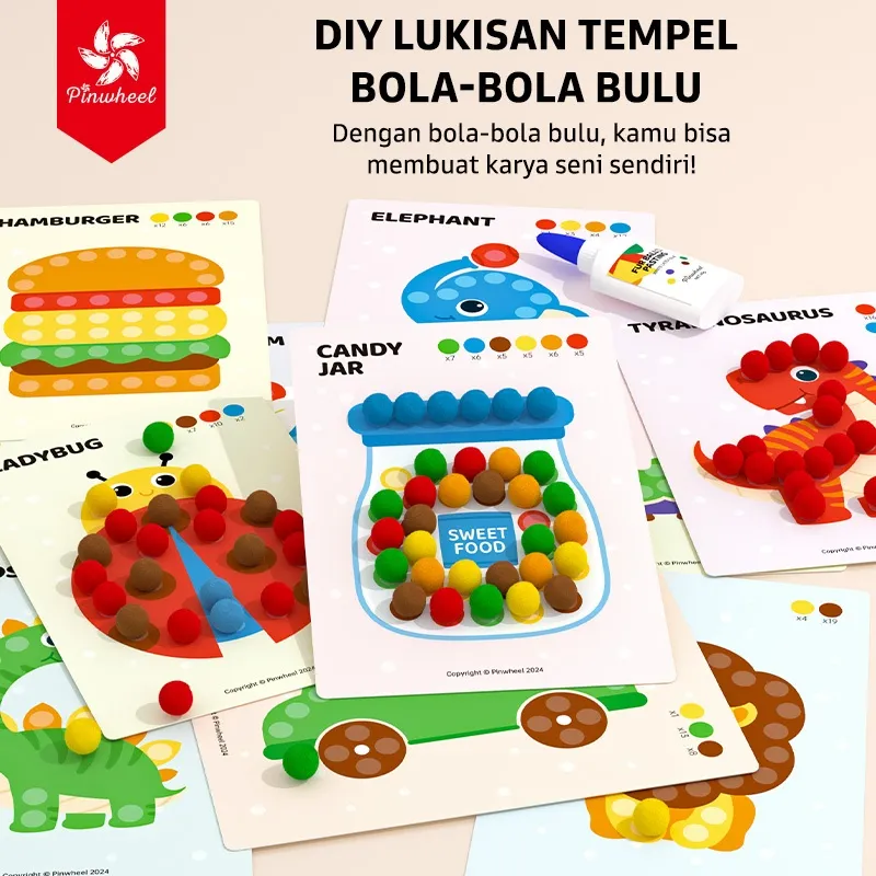 Pinwheel Fur Ball Sticking Art Mainan Edukasi Anak PomPom DIY Stiker Menempel Kreatif Usia 3 Tahun