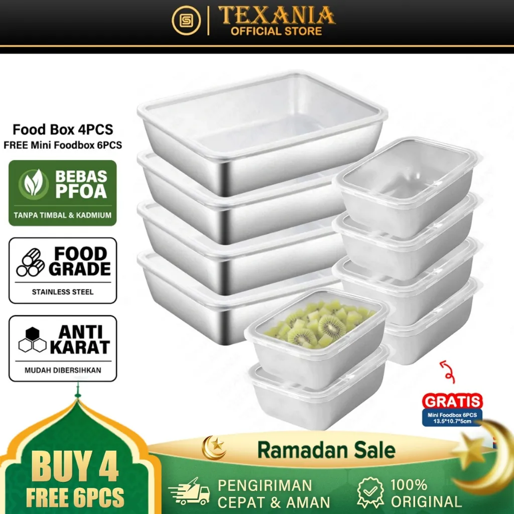 TEXANIA Food Box 25cm isi 4pcs FREE 13cm 6pcs - Food Container kulkas- nampan stainless dengan tutup