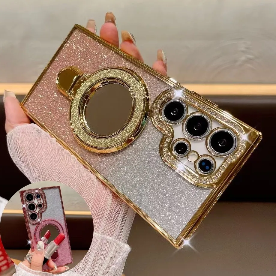 Pelindung Kamera Lensa Glitter Make up Mirror Casing For Samsung A56 A36 Phone Holder Stand Diamond Case For Samsung S25 S24 Ultra S24 FE A16 A55 A54 A53 A73 A25 A24 A35 A15 A05s 4G 5G
