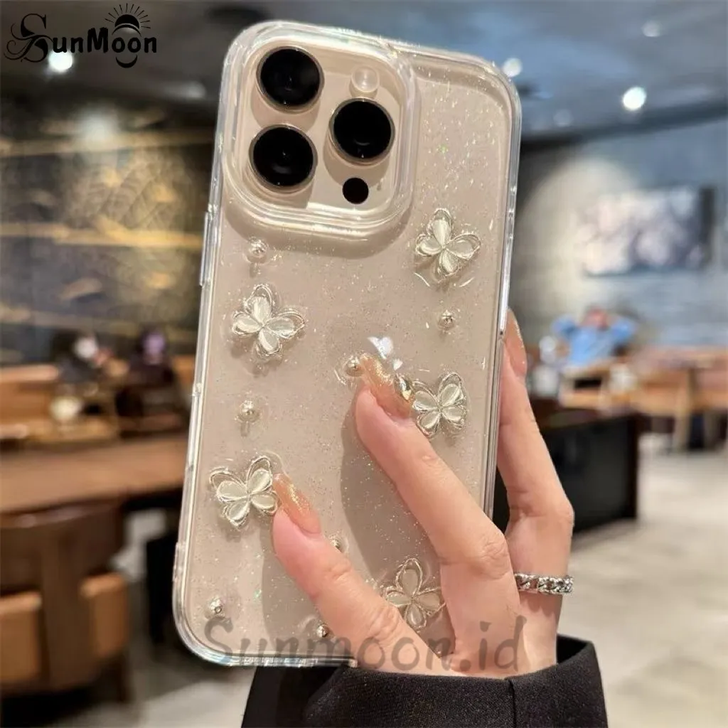 Case 3D Glitter Kupu Putih Timbul For Iphone 11 12 13 14 15 16 + PLUS 17 PRO MAX