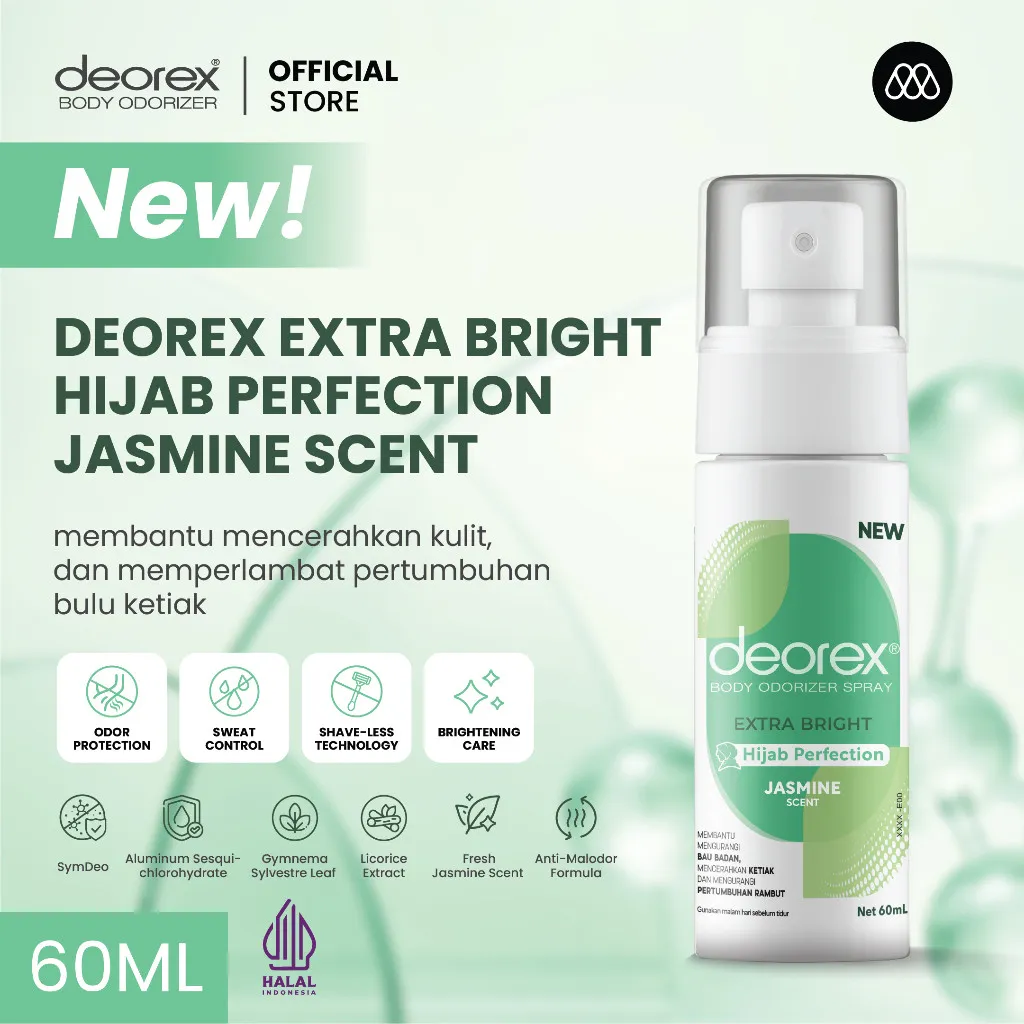 Deorex Body Odorizer Extra Bright Hijab Perfection Jasmine Scent Spray 60ml Pengganti Deodorant Antiperspirant Solusi Bau Badan dan Keringat Berlebih