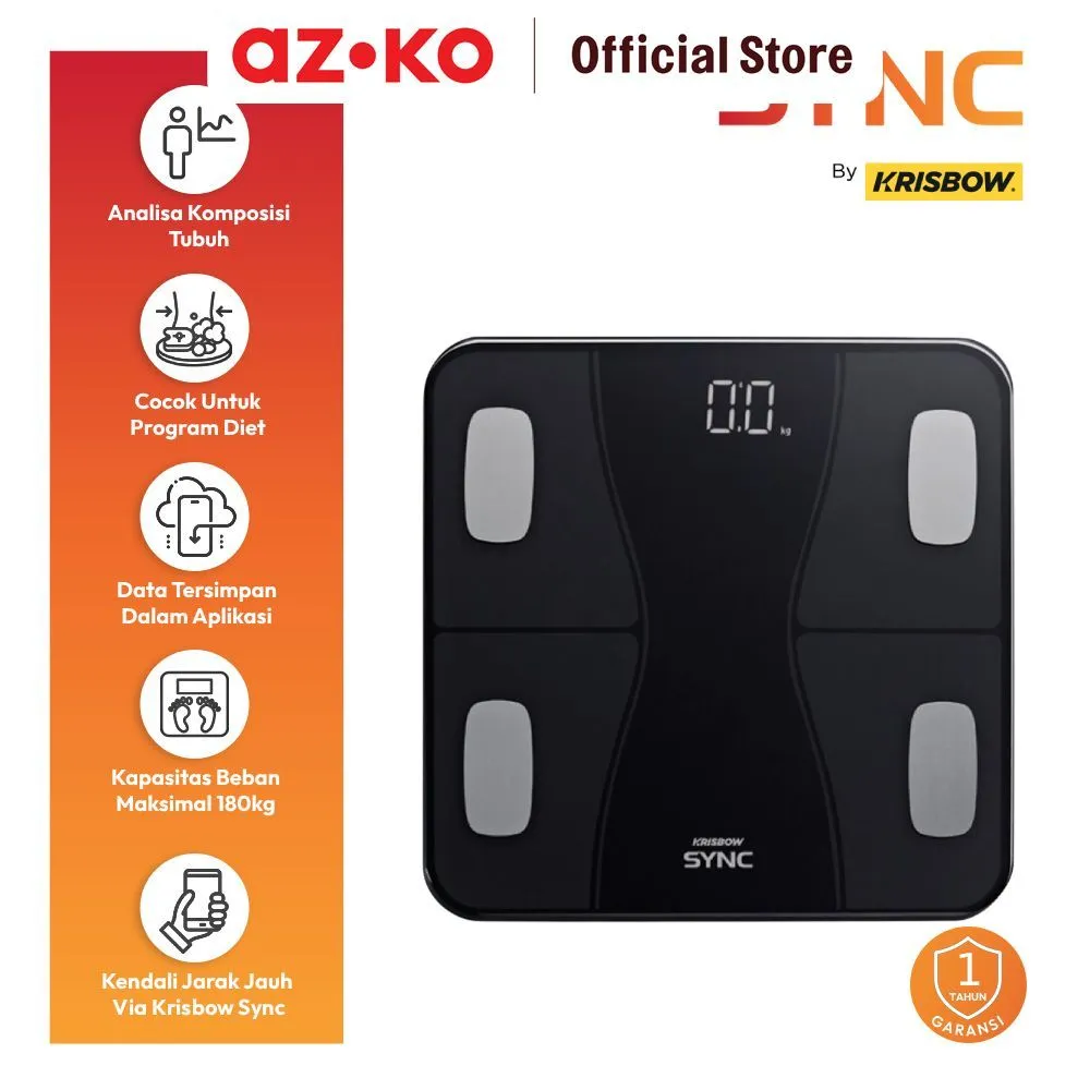 AZKO Krisbow Sync 180 kg Smart Timbangan Badan Digital - Hitam Bmi Akurat Aplikasi Body Fat Diet Body Weight Scale Berat Badan