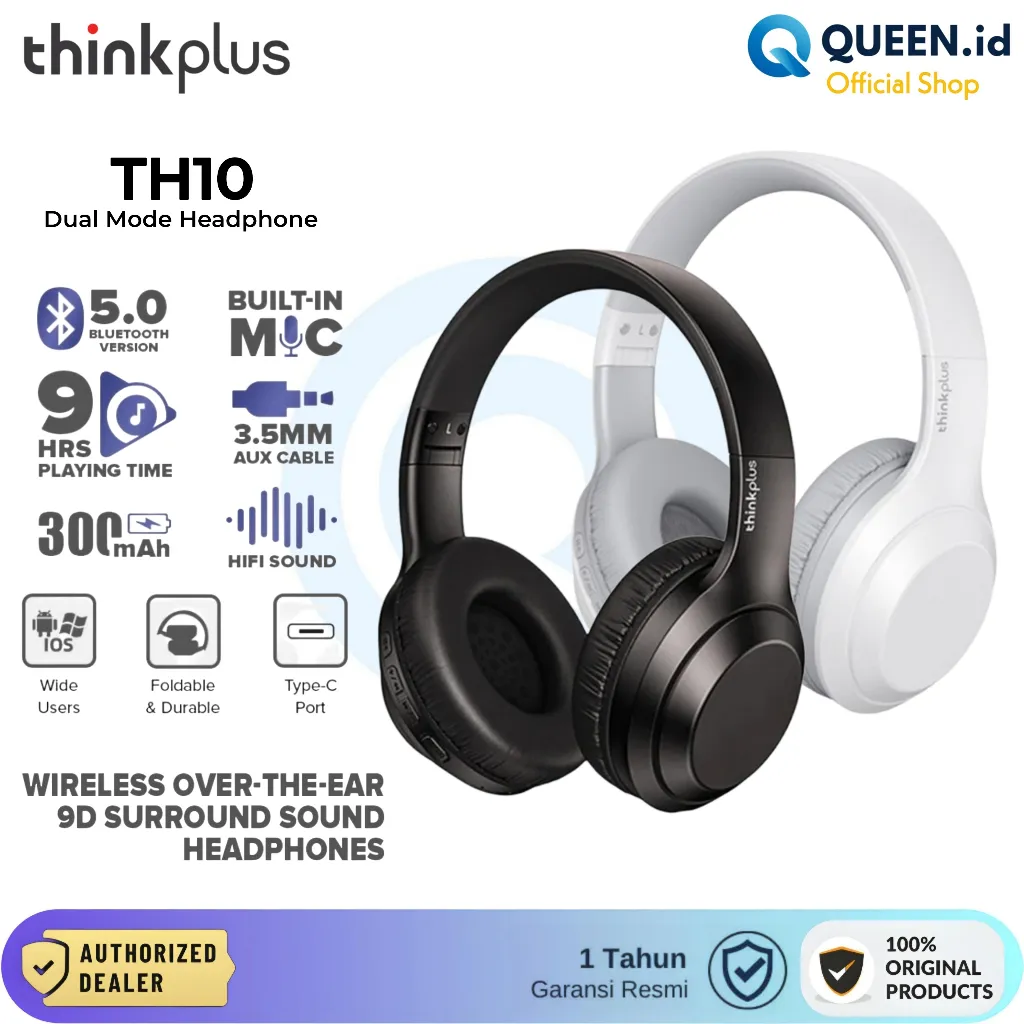 ThinkPlus TH10 Headset Bluetooth 5.0 Wireless Wired Dual Mode Stereo Bass Headphone AUX 3.5mm