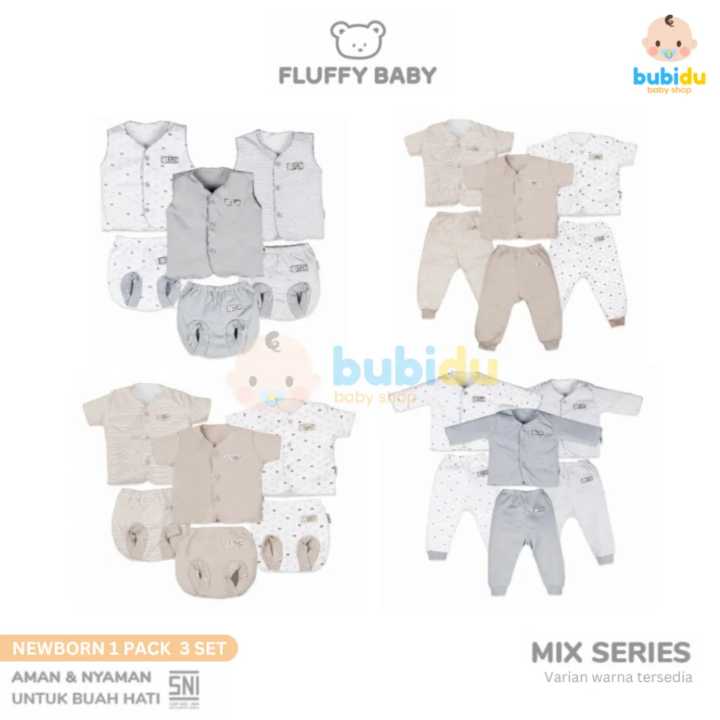 FLUFFY [Pack isi 3] Setelan Newborn Baju Kaos Oblong Celana Panjang Pakaian Bayi Laki Laki & Perempuan