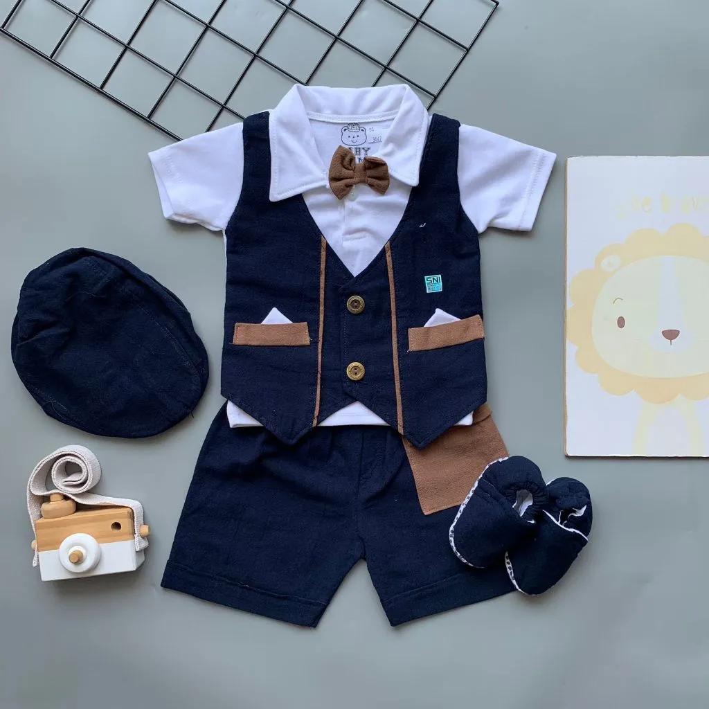 babyshops pakaian setelan tuxedo baju bayi laki laki bayi cowok motif garis free topi dan sepatu nyaman dipakai sikecil -MAX