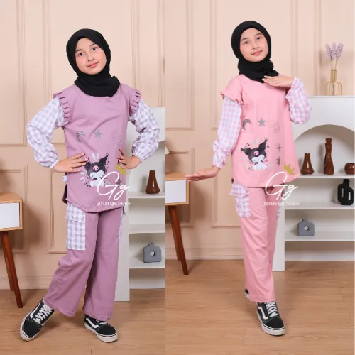 haruka oneset combed kuromi premium size 1-12 by gg fashion | setelan celanak anak perempuan 1-12 tahun | setelan celana combed | setelan fashion oneset anak | oneset combed kaos premium | setelan celana anak kuromi |