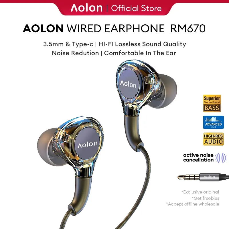 Aolon RM670 Wired Earphones Hi-Fi Lossless Headphones Noise Reduction Built-in HD Microphone In-Ear Music Stereo 3.5mm&Type-C Wired 1.2M Braided Cord