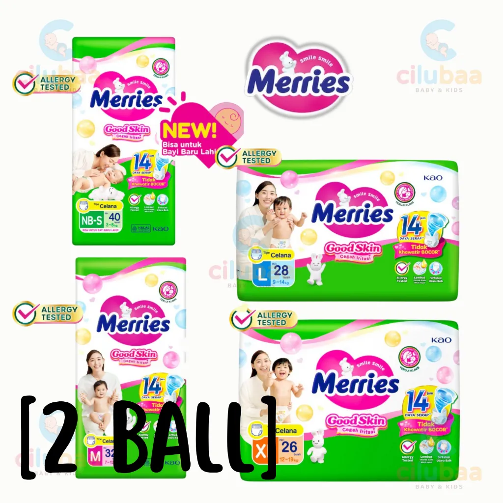 [2BALL] Merries Pants Good Skin Popok sekali pakai Celana NBS40/M32/L28/XL26/XXL18 - Popok Bayi