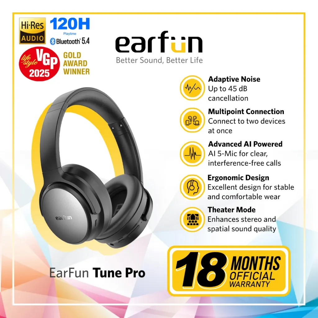 EarFun Tune Pro - The Best Hi-Res ANC Wireless Headphones with 120 Hours Battery Life