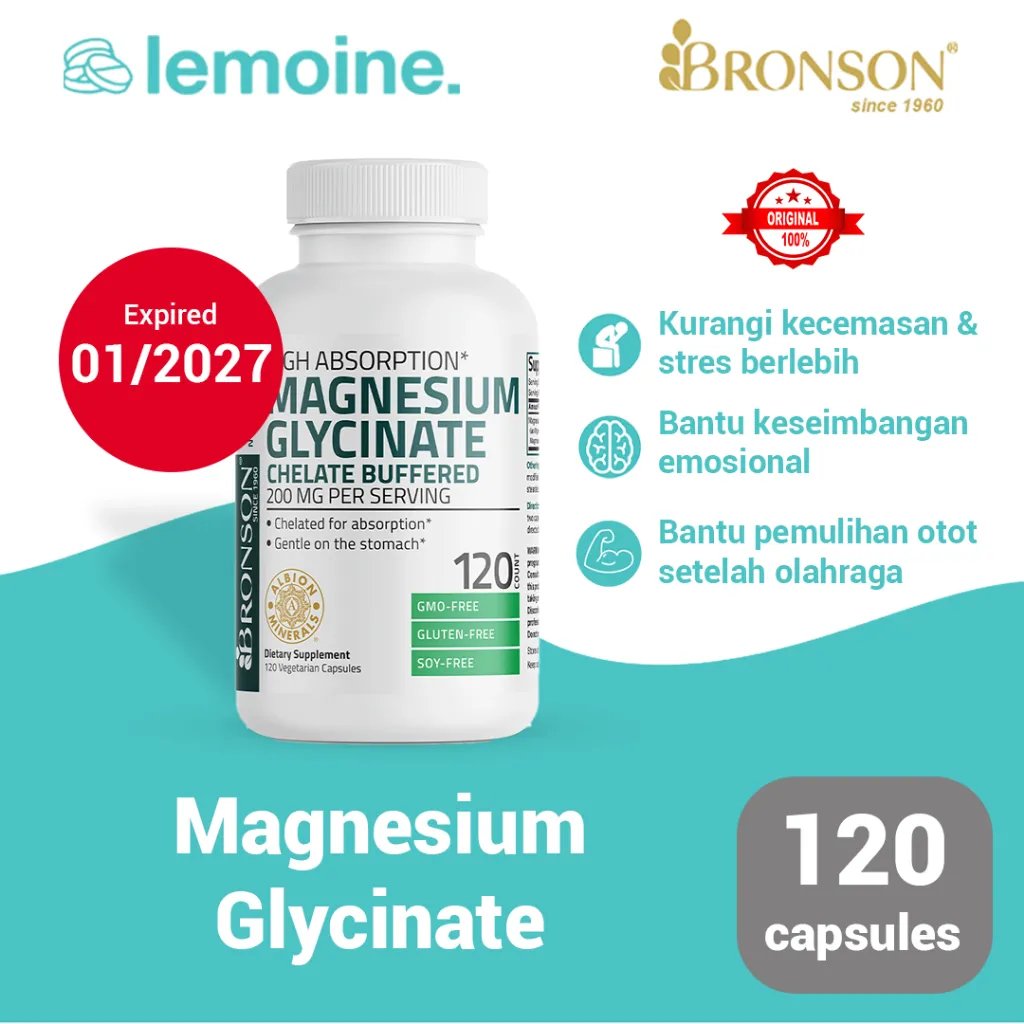 Bronson Magnesium Glycinate 200mg 120 kapsul By Lemoine - Suplemen  Kesehatan