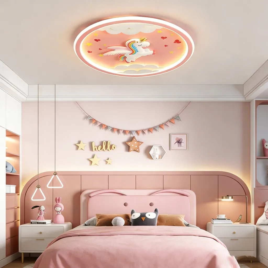 Garansi Lampu Plafon Anak LED Desain Unicorn Lucu Pink Lampu Kamar Tidur Princess Cocok untuk Kamar Anak Perempuan Minimalis Hemat Energi cofi