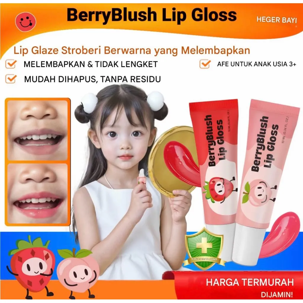Hegerbaby Berryblush Baby Lip Gloss - Lipstik Merah Melembapkan & Mudah Diaplikasikan, Riasan untuk Bayi Perempuan, Aman untuk Anak Usia 3+ Tahun