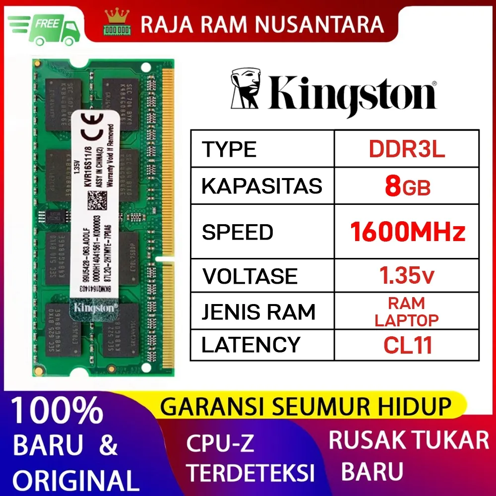 RAM LAPTOP KINGSTON DDR3L 8GB 1600MHz PC 12800 1.35v ORI RAM SODIMM DDR3L 8GB