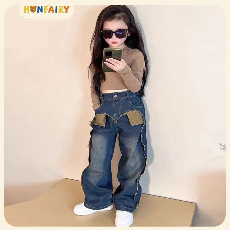Setelan Anak Perempuan Gaya Baru Desain Anak-Anak Kemeja Lengan Panjang Celana Jeans Lebar Yang Cantik Setelan Dua Potong