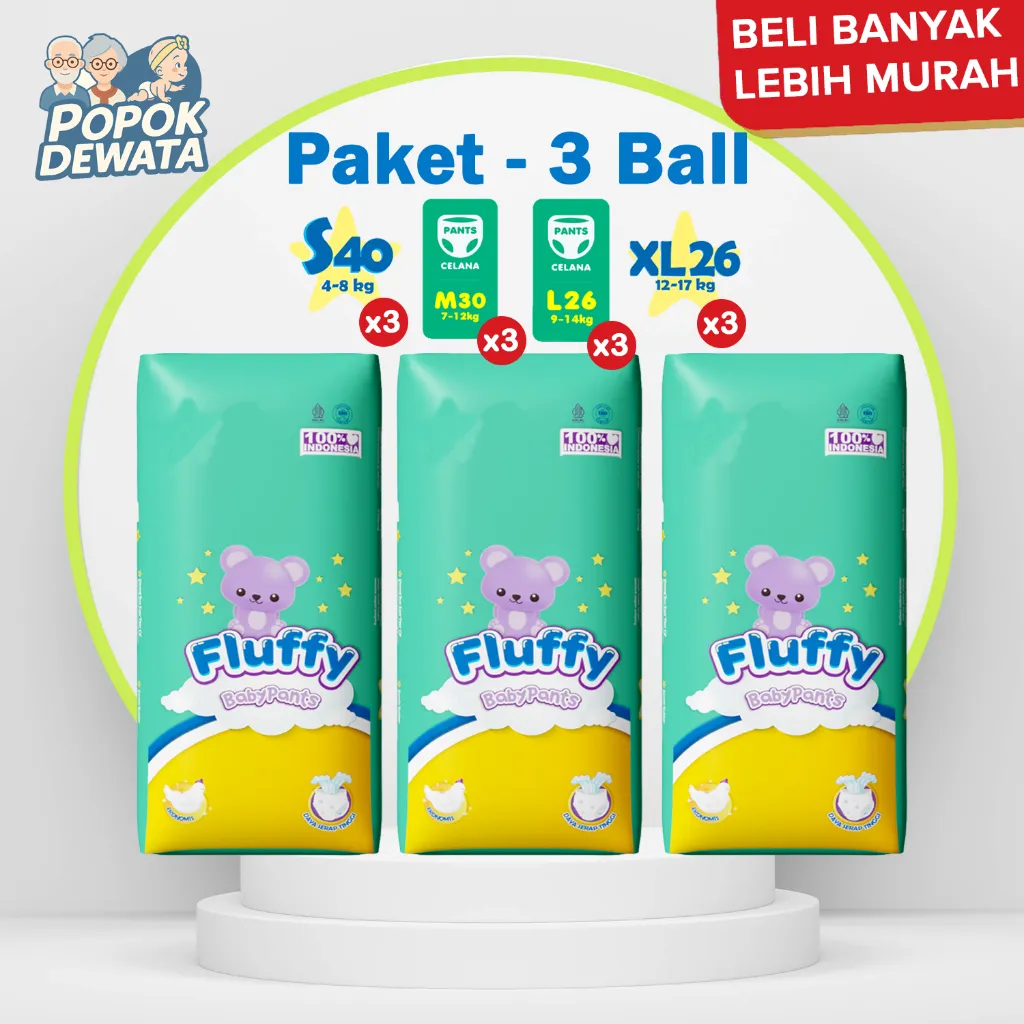 [3 Ball] FLUFFY Baby Pants Size S40 M30 L26 XL26 Pcs , ekonomis,daya serap tinggi,ekonomis,premium