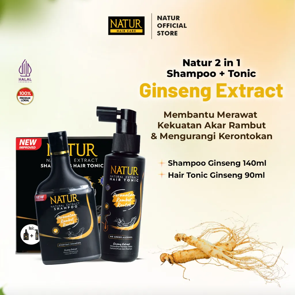 Natur Shampoo & Hair Tonic 2 in 1 Ginseng - Paket Shampoo Tonik Perawatan Rambut Rontok / Anti Hair Fall / Menguatkan Akar Rambut