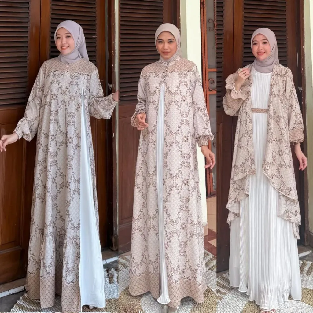 Joley Cloth - Raya Series Marsya Dress Lebaran 2026 Terbaru Elegant Baju Seragaman Keluarga Gamis Couple Lebaran Motif Printing Outfit Kondangan Pesta Outer Lepas Pasang Mewah Katun Muslim Wanita Layer Panjang Wudhu