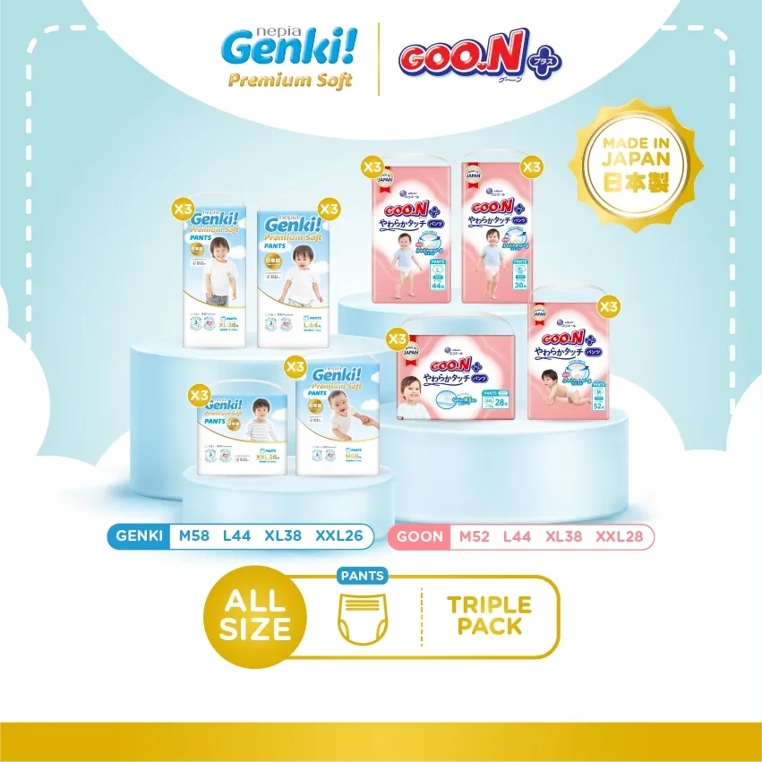 [Triple Pack] NEPIA GENKI Popok Bayi Pants Popok Celana Bayi Diapers Premium Soft M32 / L30 / XL26 / XXL18 / M58 / L44 / XL38 / XXL26