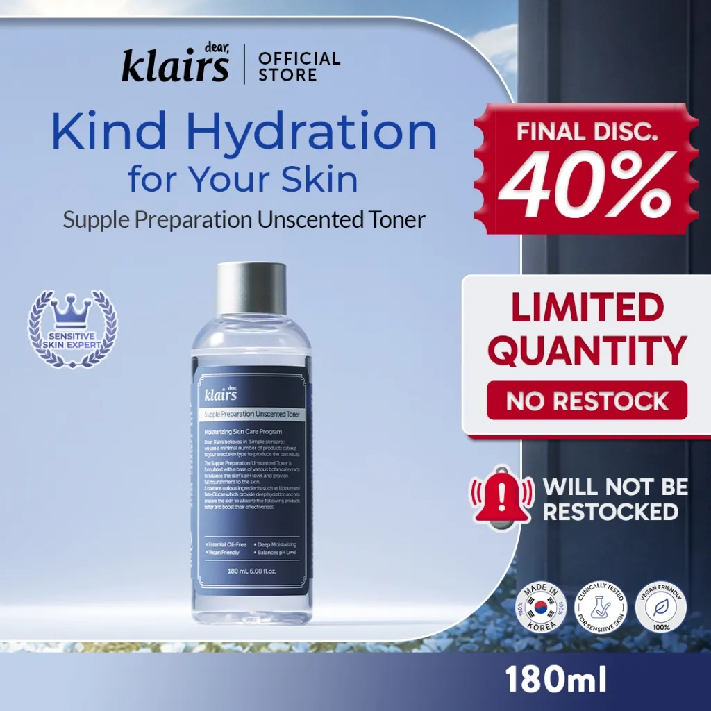 Dear Klairs Supple Preparation Unscented Toner Hydrating Pelembap Wajah Kering 180ml dengan Hyaluronic Acid & Centella Asiatica Extract untuk Kulit Sensitif + Bonus Sampel Gratis