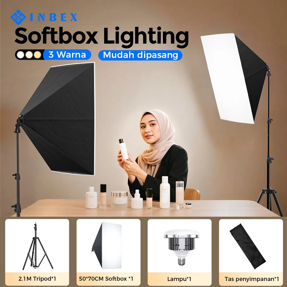 INBEX Softbox 50x70cm Lampu Konten Kreator / Lighting Foto Produk / Live Streaming 3 Suhu Warna 5500K