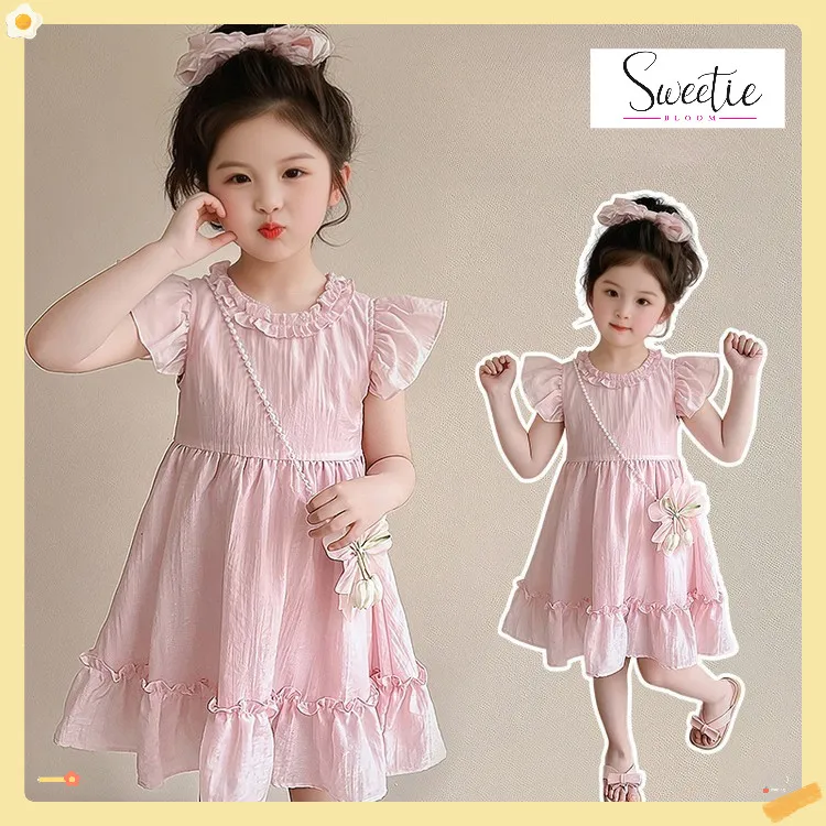 【Sweetie Bloom】Gaun Anak Perempuan Usia 2-9 Tahun Warna Pink Biru Lengan Terbang Rok Lipit Aksesori Mutiara Pita Rambut Gaya Manis Elegan