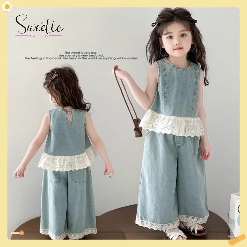[ Sweetie Bloom ] Setelan Anak Perempuan 1-9 Tahun Rompi Denim dengan Detail Renda Set 2 Potong Gaya Korea Trendy dan Stylish