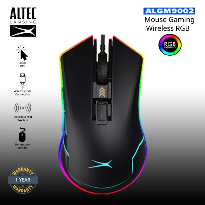 Mouse Gaming Wireless Altec Lansing ALGM9002 - 4800DPI Gaming Mouse / Mouse Wireless / 5 Tombol / Kompatibel untuk Windows & MacOS / Mouse Macro / Mouse RGB