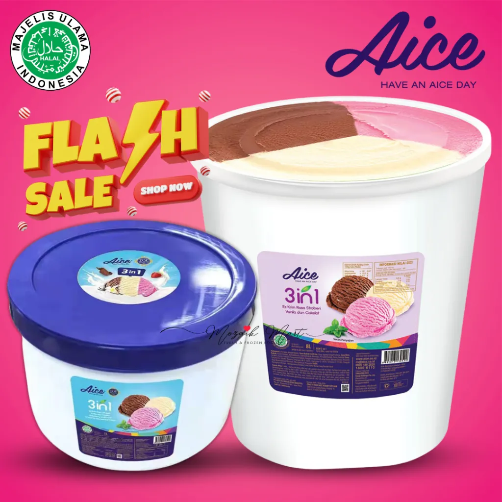 Aice Es Krim 8 Liter dan 5 Liter - Emberan Bucket Rasa 3in1 Alpukat Vanila Durian Strawberry Coklat