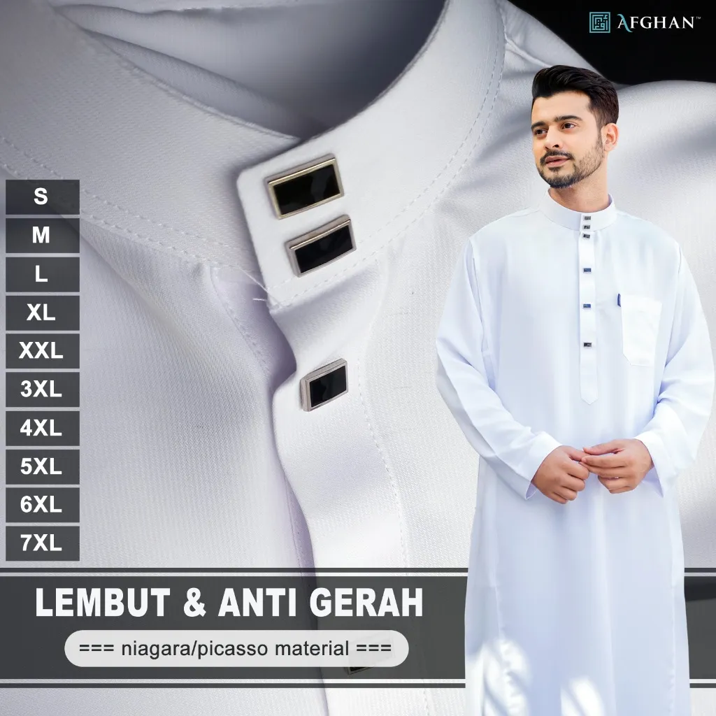 AFGHAN - Jubah Saudi Bahan Niagara/Picasso - Baju Gamis Pria Dewasa Premium Cuttingan Suja Warna Putih dan Hitam Polos Size S M L XL & XXL