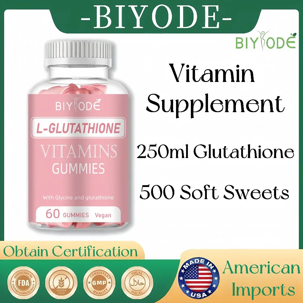 BIYODE Halal | PLUS-Glutathione | 24H BIYODE Glutathione GUMMIES Beauty Gluta bright Glutathione  Biotin | Vitamin C D Vitamin E Vitamin B2 Vitamin B6 Vitamin B12 Zinc Omega-3 Whitening(Satu botol 60 Pcs)