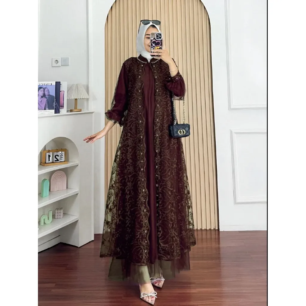 BARU NADINE DRESS Gamis Mewah Elegan Terbaru Indah Menawan Full Furing Aplikasi Payet Ceruty Babydol