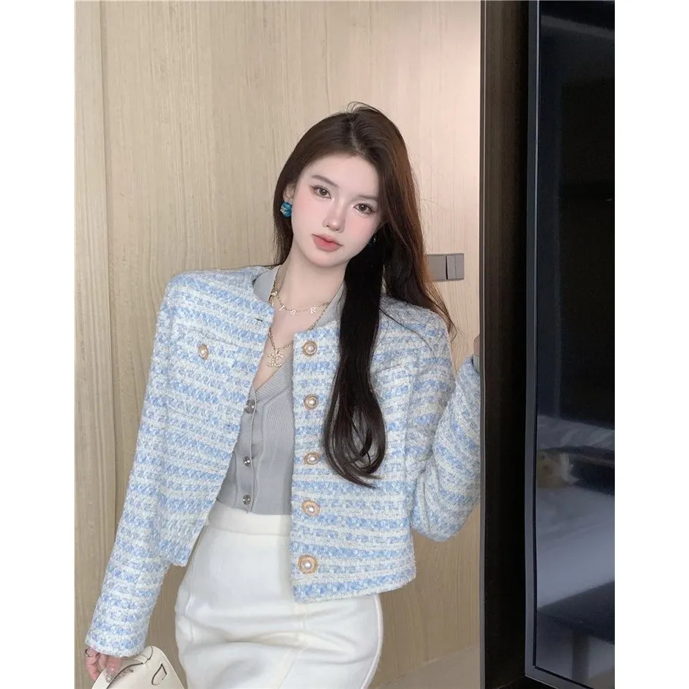 Produk Baru - Jaket Tweed Bergaya Chanel, Atasan Lengan Panjang Berkancing Mutiara Prancis Yang Romantis