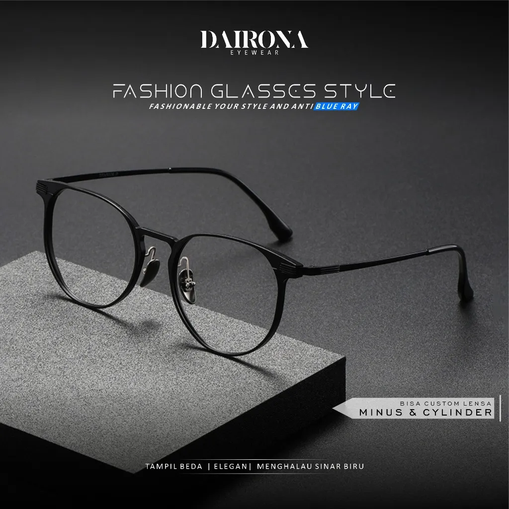 Dairona Eyewear Kacamata Photocromic Minus Anti Radiasi Anti Blueray Pria Wanita Terbaru Kacamata Fashion TR-90+Titanium Bentuk Bulat 20250-ZY-20229