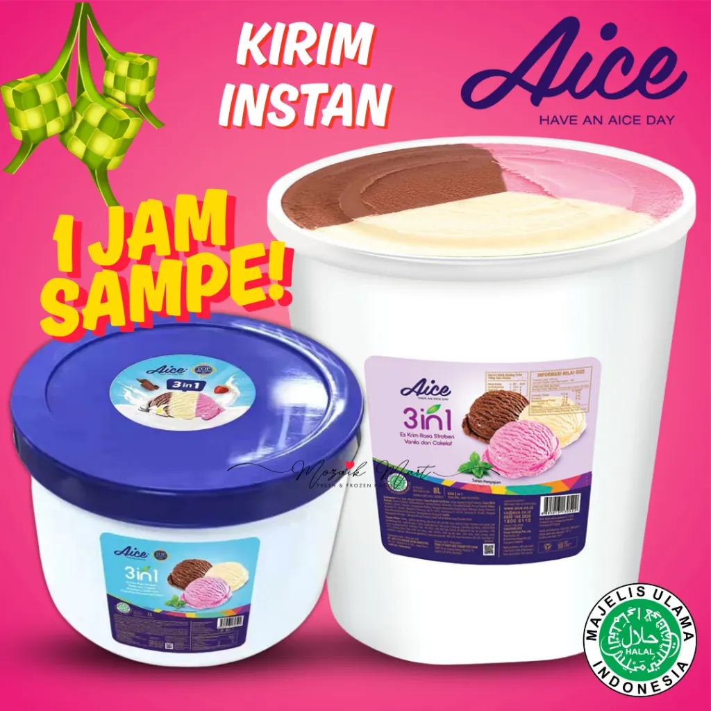 Aice Halocoko Es Krim Ember 8 liter & 5 liter - Ice Cream 3 Rasa 3in1/Mozaik Frozen Food Mart Palembang