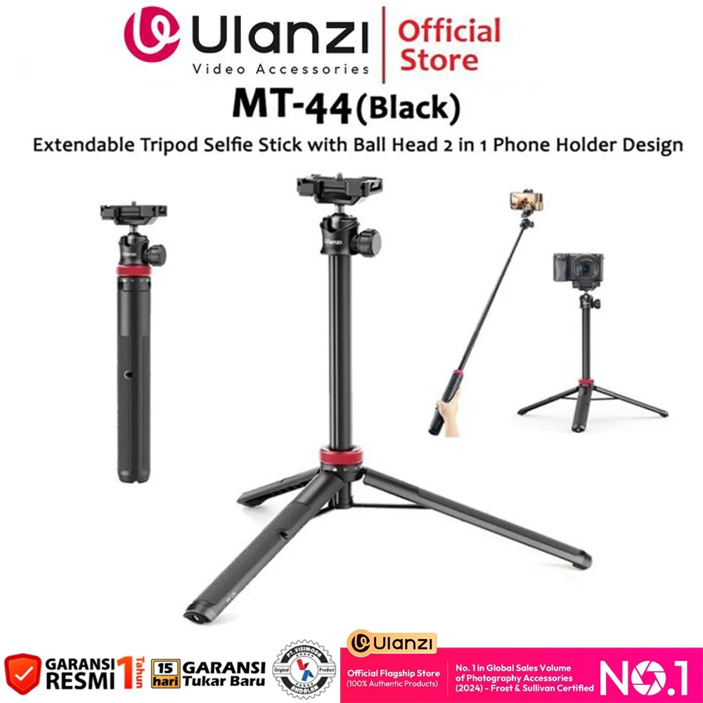 ULANZI MT-44 Extendable Phone Tripod with Bluetooth – 2-in-1 Selfie Stick Tripod, 360° Rotating Lightweight Phone Tripod Stand