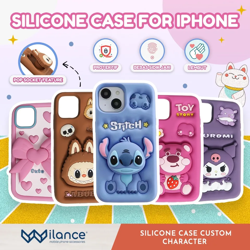 [Wilance] Character Case Premium Cute 3D Cartoon for iPhone 11 12 13 14 15 16 Pro Max With Custom Character Cute Stand Cover Labubu Kuromo Bear Toy Story Stitch