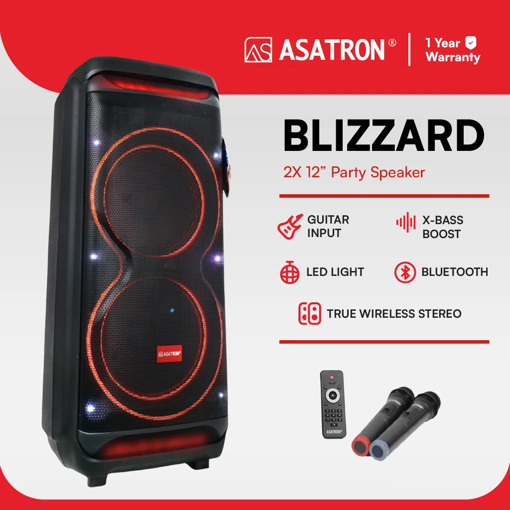Asatron Blizzard Dual 12 Inch Bluetooth Party Speaker with 2 Wireless Mic
