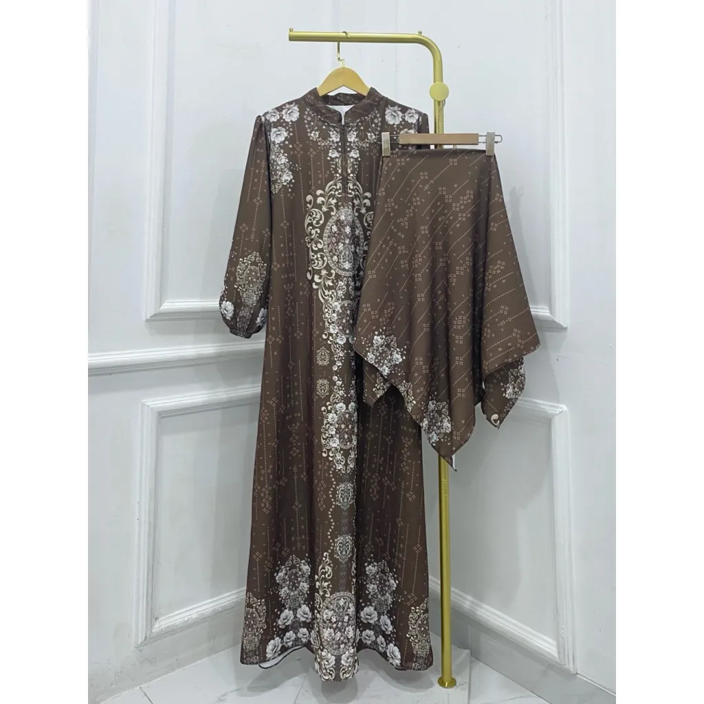 GAMIS SILK LEBARAN 2026 GAMIS SET HIJAB  MOTIF PRINTING ALUNA BUNGA FLORAL LEBARAN MEWAH SAMAAN IDUL FITRI