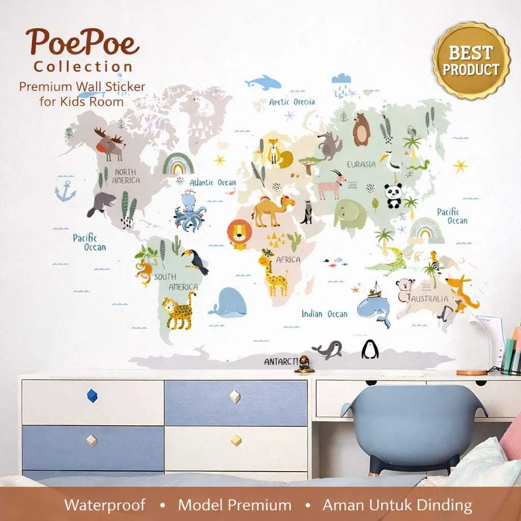 Stiker Dinding Edukasi Anak Peta Dunia Map wall sticker kamar tidur Maps Kids  Sticker Dekorasi estetik