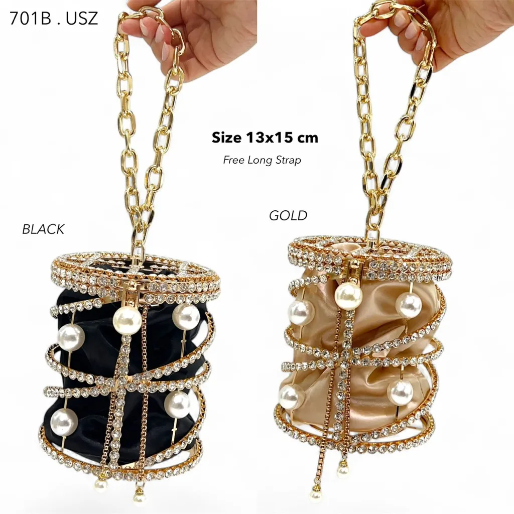 Tas Pesta Wanita Bucket Bag Satin Kristal Mutiara Premium Evening Bag  701B tabung