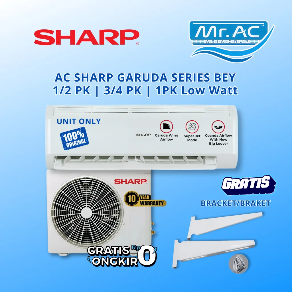 AC SHARP GARUDA SERIES BEY 1/2 PK - 1 PK Low Watt R32 Gold Fin Tembaga [UNIT ONLY] - Produksi Lokal
