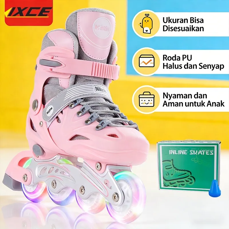 IXCE Sepatu inline skate gadis pink untuk pemula/roda bercahaya/ukuran dapat disesuaikan