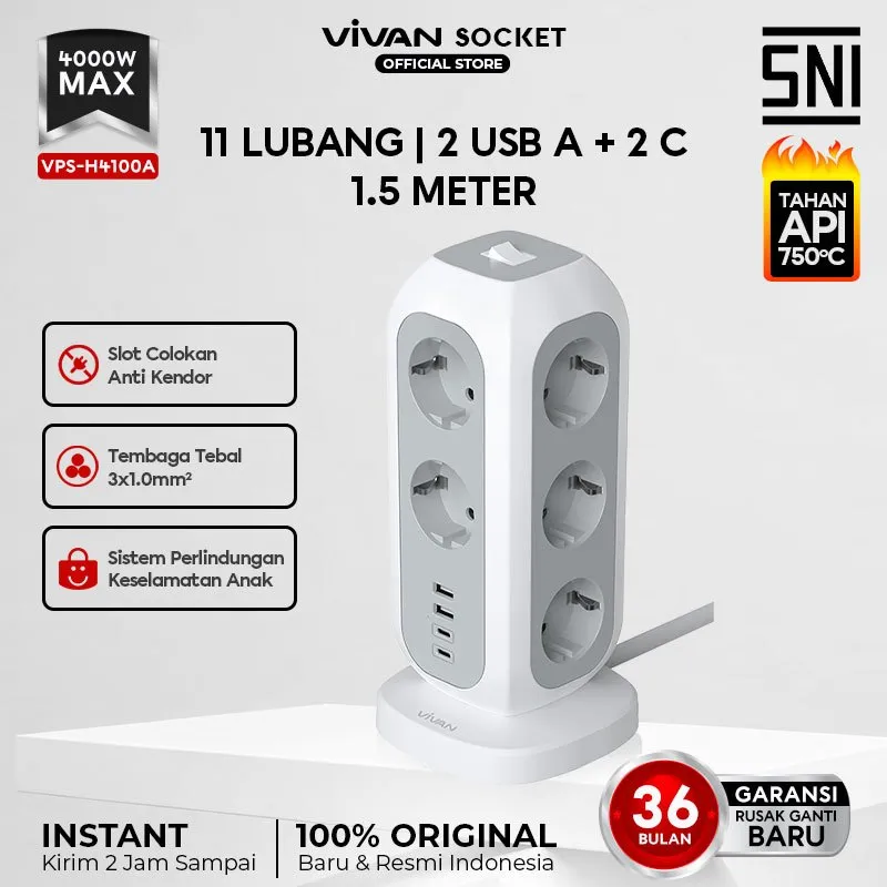 [Tahan Api 750 Derajat] VIVAN Safety Socket 15-in-1 Tower Socket 22.5W Fast Charging 1.5M VPS-H4100A Garansi 36 Bulan