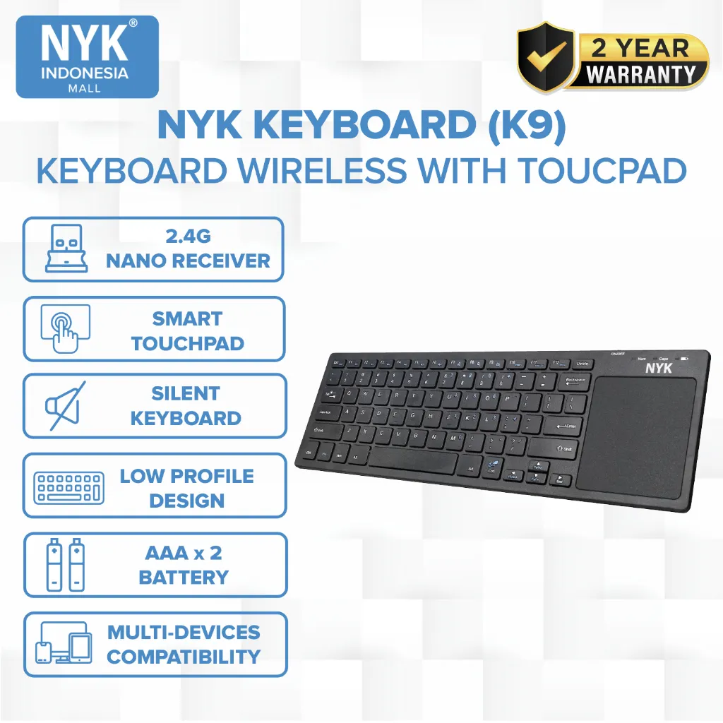 NYK Keyboard Wireless K9 + Touchpad Smart, Silent, Multi Device 2.4G
