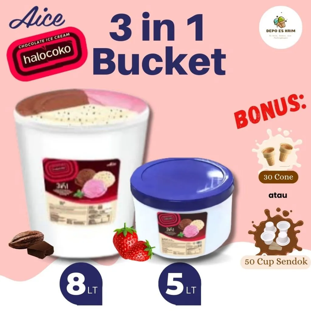 Es Krim AICE Halocoko Bucket 8 liter 5 liter 3 in 1 Neapolitan Vanilla Coklat Gratis Cone / Cup Ready Stock