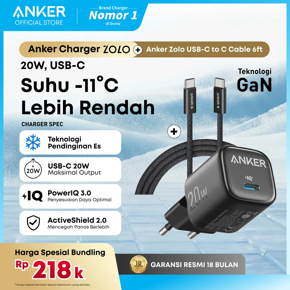 Anker Zolo GaN 30W 20W Adaptor Kepala Charger iPhone 17 16 15 14 13 Samsung Type C PD Ice-Cooled Fast Charging - A2149 / A2348 / A2347 / A2633 / A2699 / A2698 / B2699 / B2698